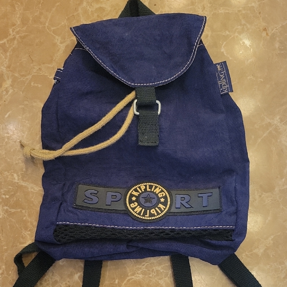 Kipling Navy Mini Sport Backpack w/ Tan Stitching, Logo  & Rope